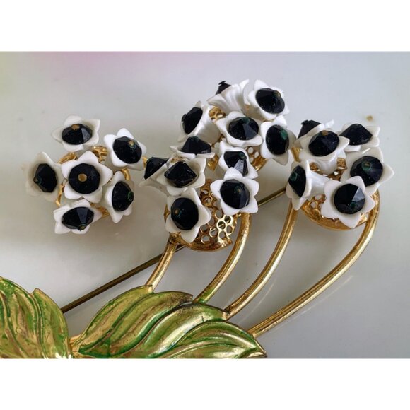 Vintage 1950s Metal Flower Brooch Porcelain Glass Bead Accents - Picture 2 of 11